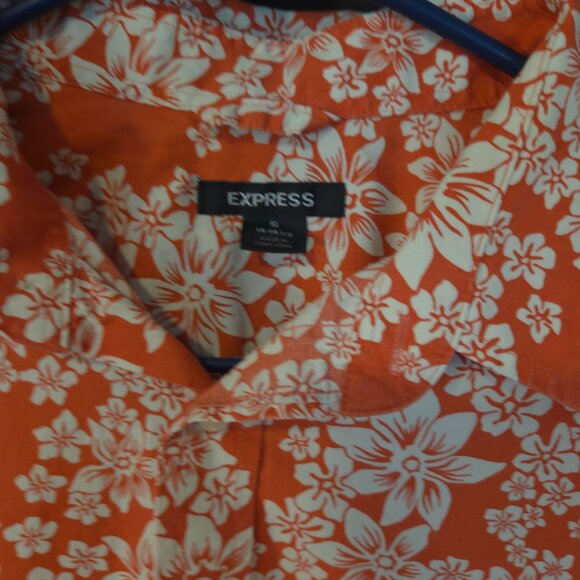 Express Men’s Long Sleeve Size S Dress Shirt  Orange W White Flowers Button Up - Picture 7 of 9